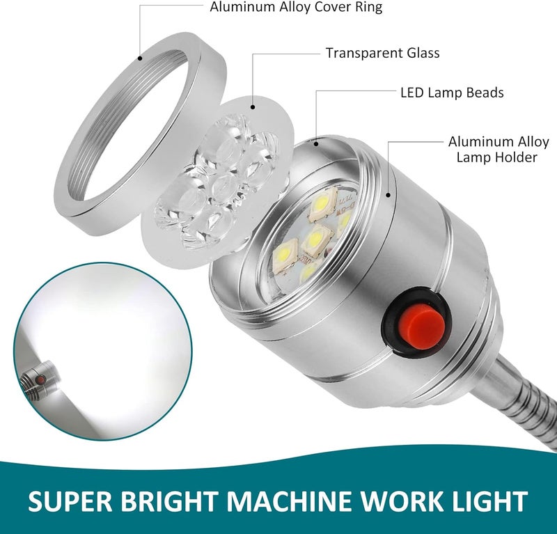 Deeffe Magnetic Work Light, LED Machine Light with Flexible Gooseneck and Magnetic Base, Shop Tool Lamp for Lathe, Work Bench, Sewing Machine, Grill, Desk, Industrial Lighting Silver - Image 3
